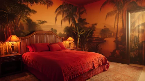 Red Bedroom with Tropical Palm Tree View