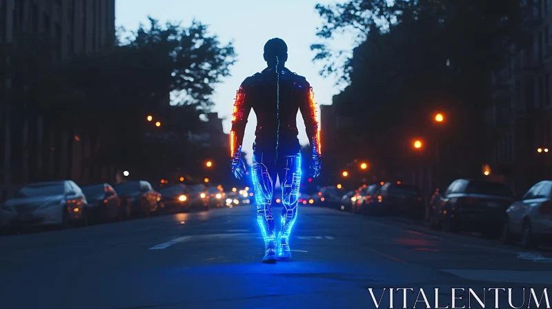 Neon-Illuminated Cyborg Strolling along Urban Streets AI Image