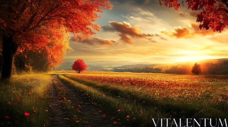 Fall Colors at Sunset in Open Field AI Image