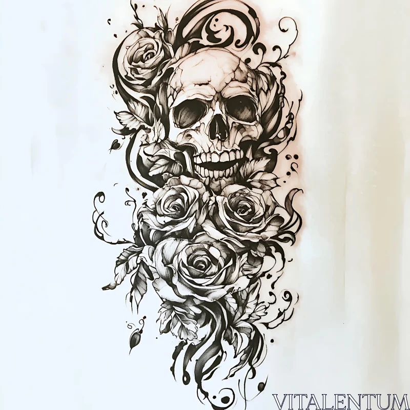 Monochromatic Skull and Floral Tattoo Art AI Image