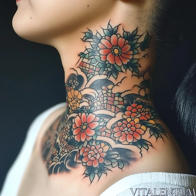 Detailed Flower Tattoo on Neck AI Image