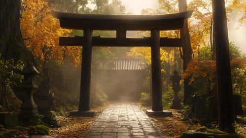 Autumnal Torii Gate in Misty Forest