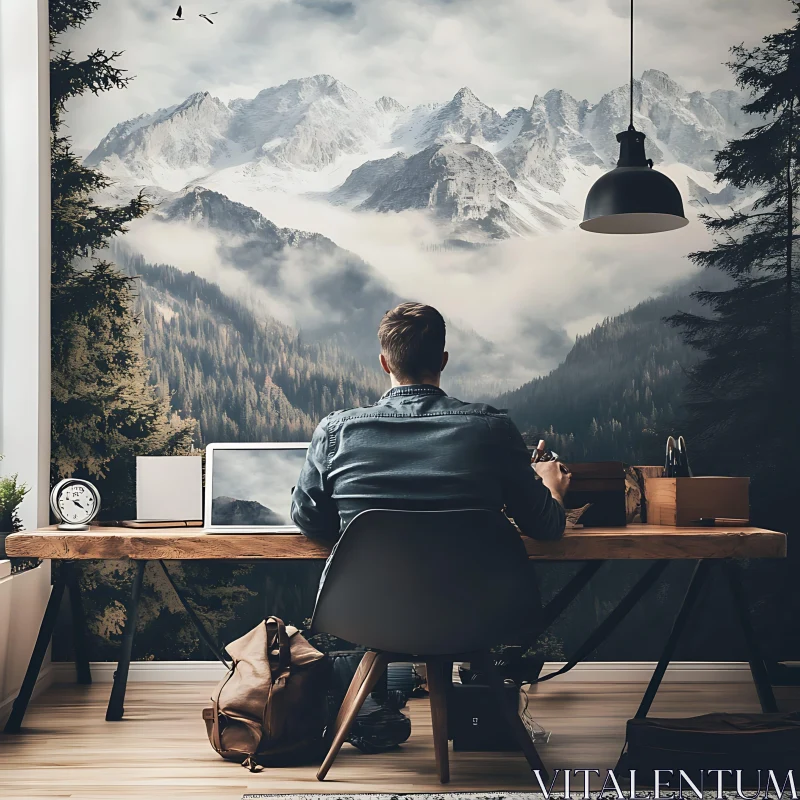 AI ART Workspace with Mountain Mural