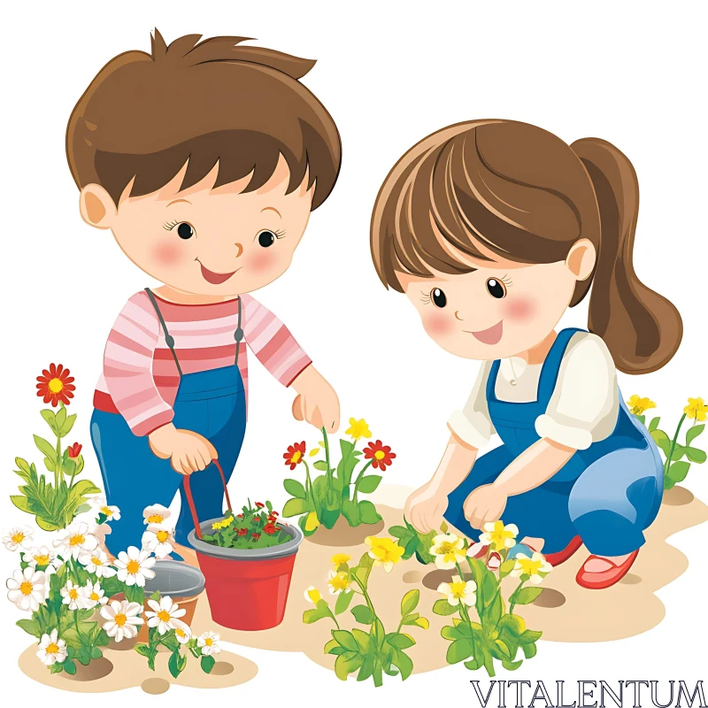 Kids Planting Flowers Cartoon Image AI Image