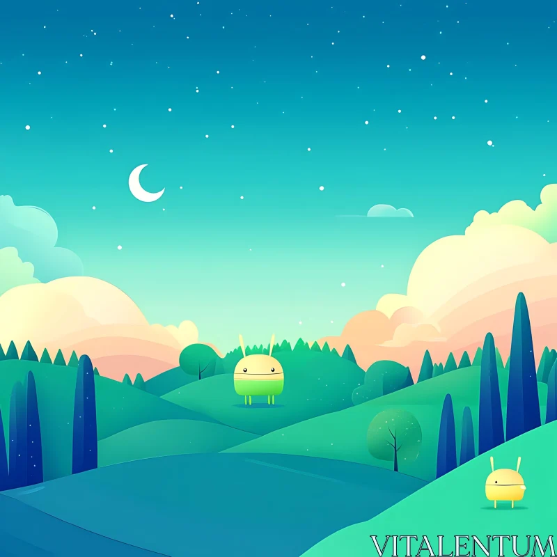 Whimsical Starry Night Cartoon Landscape AI Image