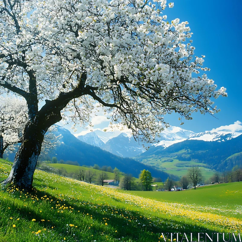 AI ART Spring Meadow with Blossoming Tree