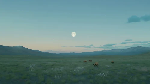 Animals in a field under moonlight