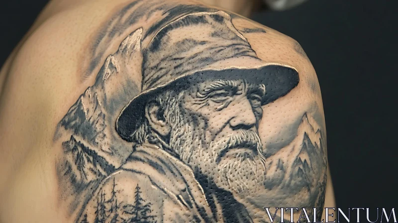 Detailed Portrait Tattoo in Mountain Landscape AI Image