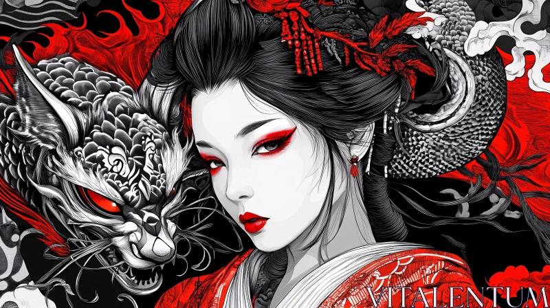 AI ART Monochrome Geisha with Dragon Art