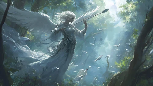 Ethereal Angel with Arrow in Forest