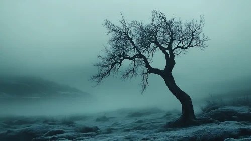 Lonely Tree in Foggy Landscape