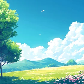 Scenic Landscape Painting of Summer Meadow