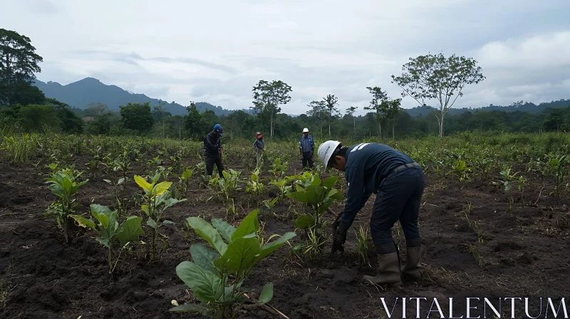 Workers Planting Crops in an Agricultural Field AI Image