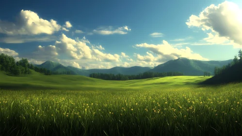 Picturesque Meadow Landscape with Distant Mountains