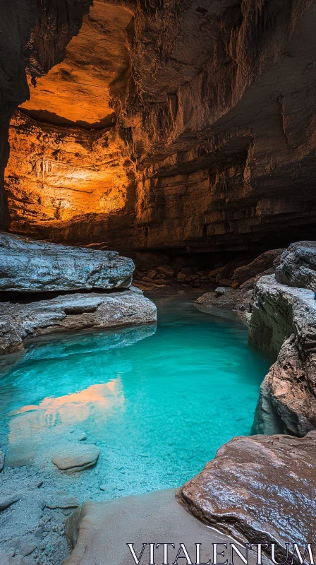 Enchanting Cave with Turquoise Waters and Golden Glow AI Image