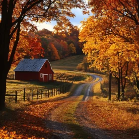 Fall Colors Country Road with Red Barn