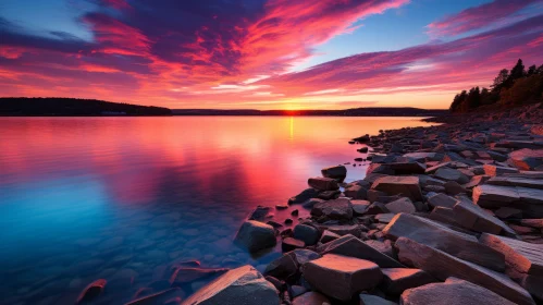 Breathtaking Sunset over a Serene Lake with Rocks | Vibrant Colors