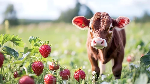 Cow and Strawberries in Meadow