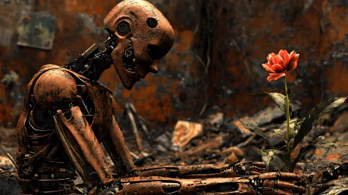 Rusted Robot and Red Flower Symbolizing Life Amidst Decay