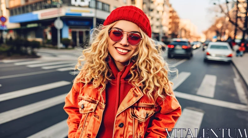 Confident Blonde Woman in Vibrant Urban Setting AI Image