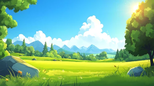 Cartoon Meadow and Mountain View