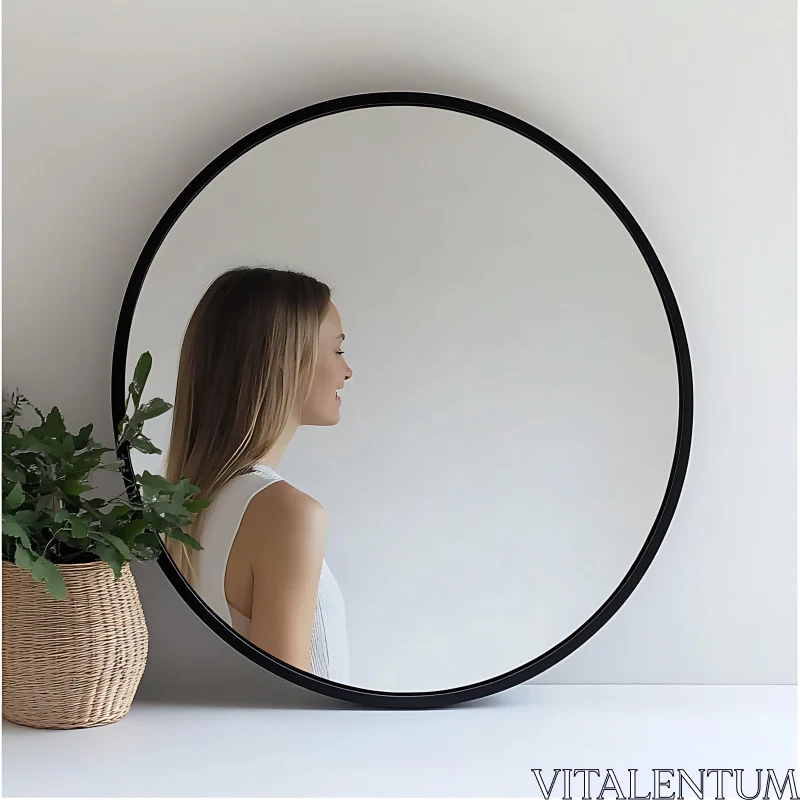 Serene Mirror Reflection with Plant Decor AI Image