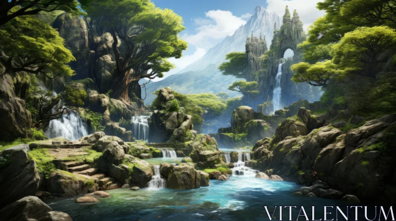AI ART Fantasy Castle in Pastoral Landscape with Serene Waterfalls