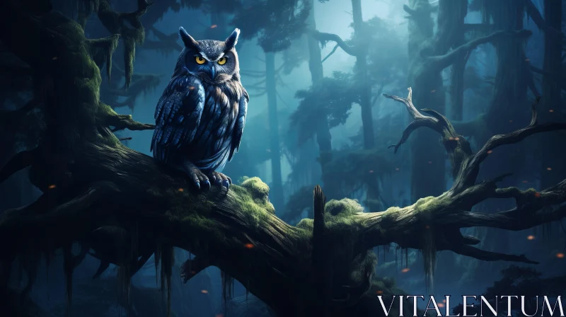 Owl in Dark Azure Forest - Concept Art Illustration AI Image