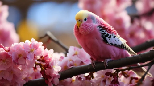 Pink Parrot on Cherry Blossom Branch - A Study of Natural Harmony