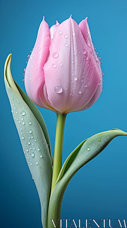 Pink Tulip with Water Droplets against Blue Background - Still Life AI Image
