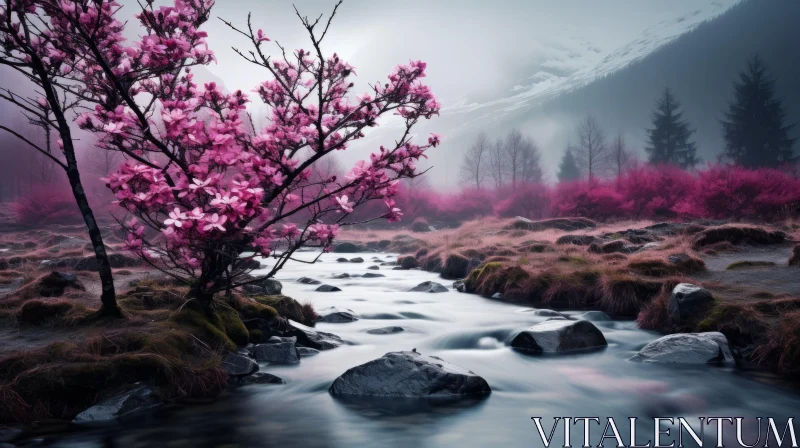 Serene Nature: A Beautiful Tree by a Small Water River with Pink Flowers AI Image
