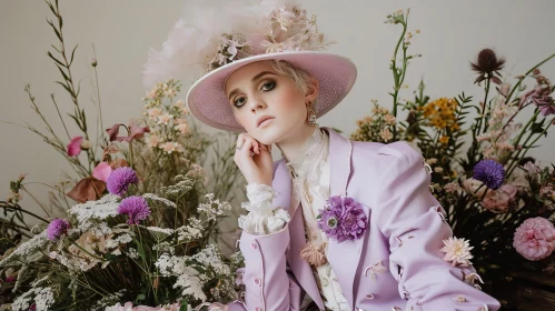 Stylish Woman in Purple Suit with Pink Hat and Floral Decorations in Garden