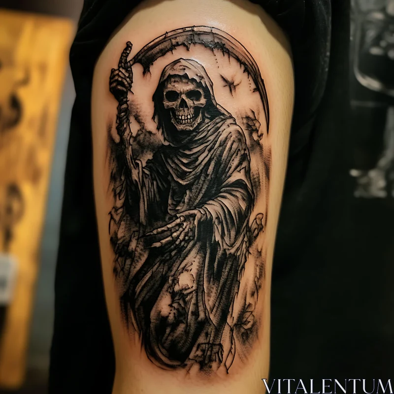 Detailed Grim Reaper Black Ink Tattoo AI Image