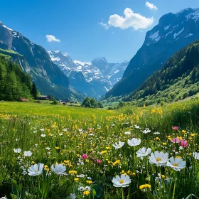 Alpine Meadow and Snow-Capped Mountains