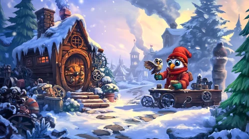 Snowy Cartoon Owl Village