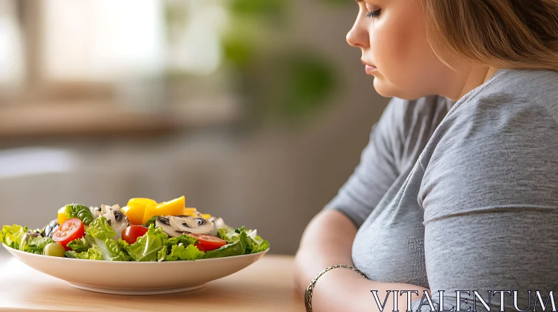 Thoughtful Woman Looking at Fresh Salad AI Image