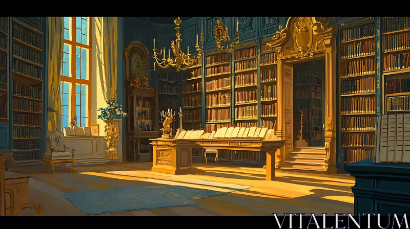 AI ART Sunlit Grand Library with Bookshelves