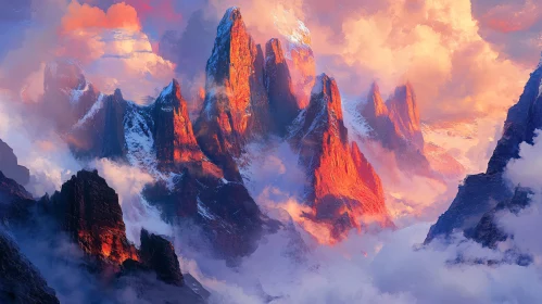 Sunset Over Misty Mountains with Illuminated Peaks