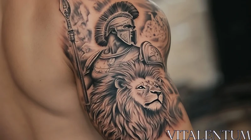 Detailed Tattoo of Roman Warrior and Lion AI Image