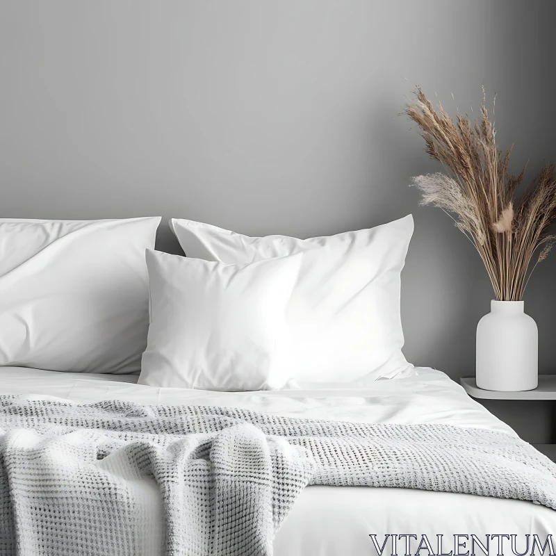 Serene Bedroom with White Linens and Pampas AI Image