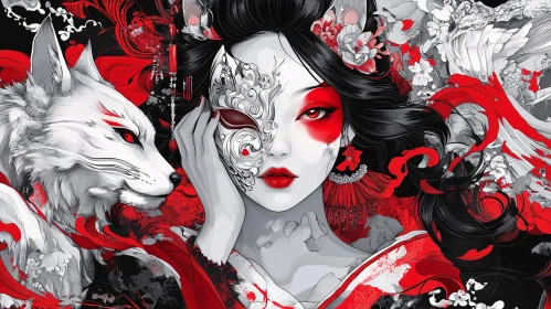 Geisha Portrait with Floral and Animal Elements