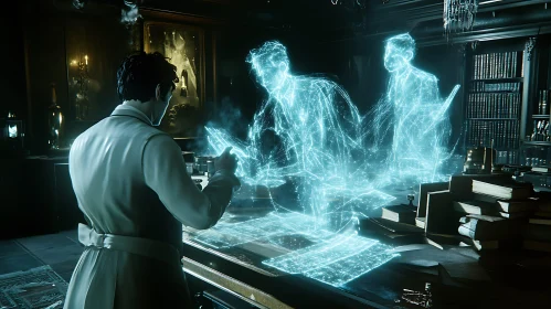 Man and Hologram Figures in Library