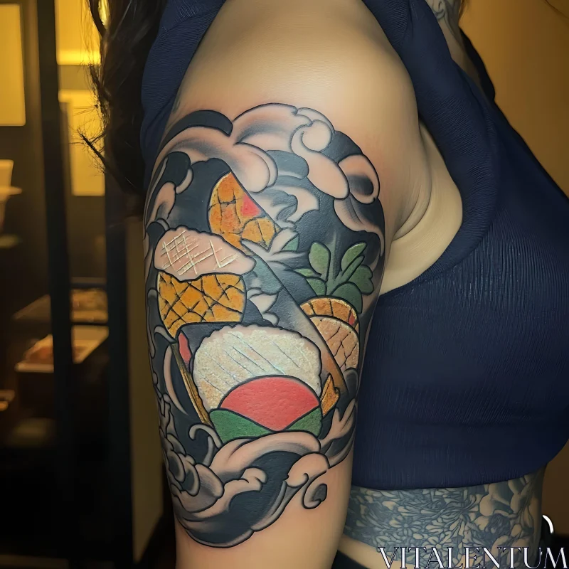 Vibrant Arm Tattoo Featuring Sushi and Waves AI Image