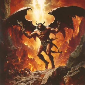 Demon in Hell with Wings and Weapon