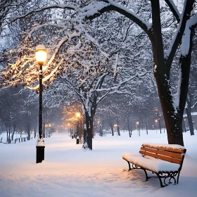 Snowy Park Bench Under Winter Sky