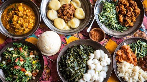 Diverse Dishes on Colorful Tablecloth