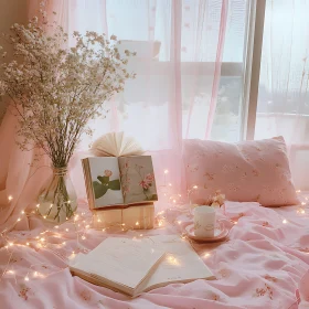 Pink Still Life with Books and Flowers