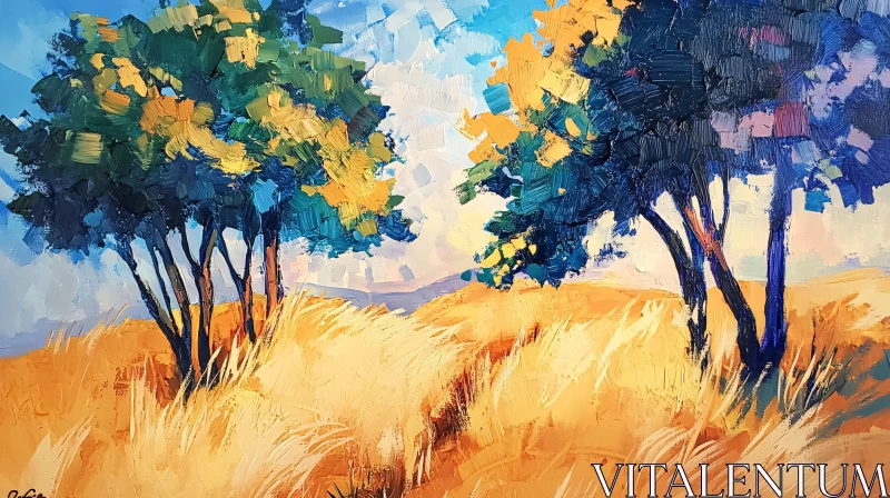 Golden Field and Trees Landscape Art AI Image