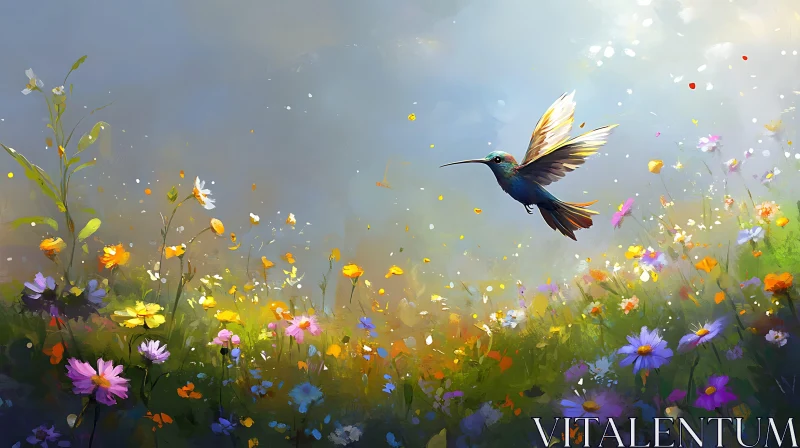 AI ART Hummingbird in Wildflower Field Painting