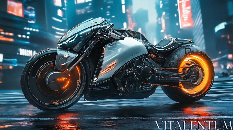 Futuristic Bike on Rainy City Road AI Image